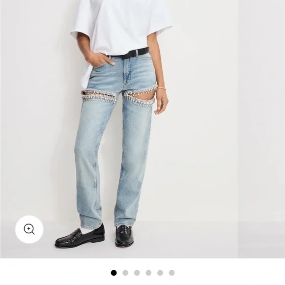 Good American Light Blue Straight Leg Jeans with Crystal Fringe Cutouts - Picture 6 of 7